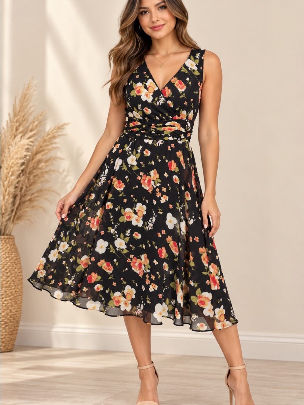 ECI Black Floral V-Neck Sleeveless A-Line Dress, size L.